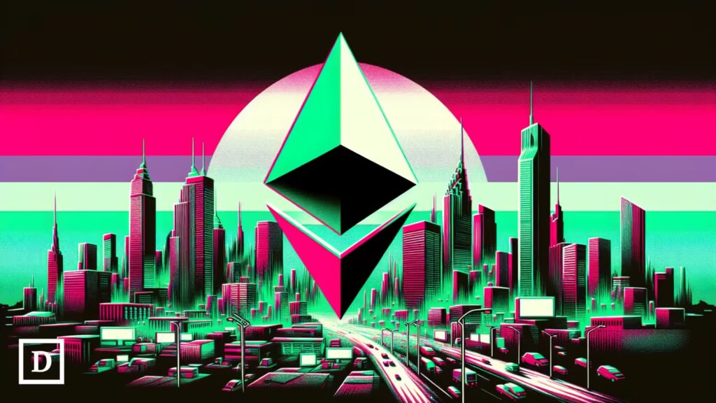 Stylized Ethereum logo floating above a futuristic neon cityscape, representing the rise of Web3 and DeFi applications in digital urban environments.