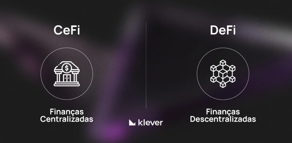 Imagem compara CeFi e DeFi com ícones representando finanças centralizadas por bancos e finanças descentralizadas por redes blockchain, marca Klever ao centro.