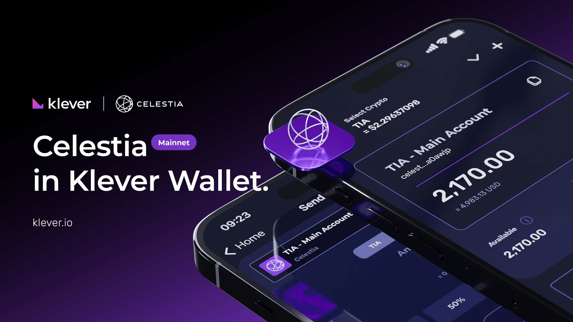 Celestia TIA token displayed in Klever Wallet interface with mainnet support on a smartphone screen.