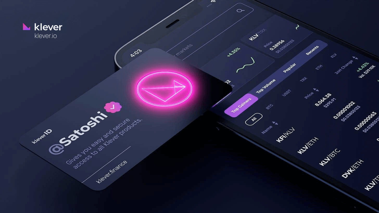 Digital card labeled “@Satoshi” representing Klever ID, placed over a smartphone screen showing crypto market data, emphasizing secure access and crypto future