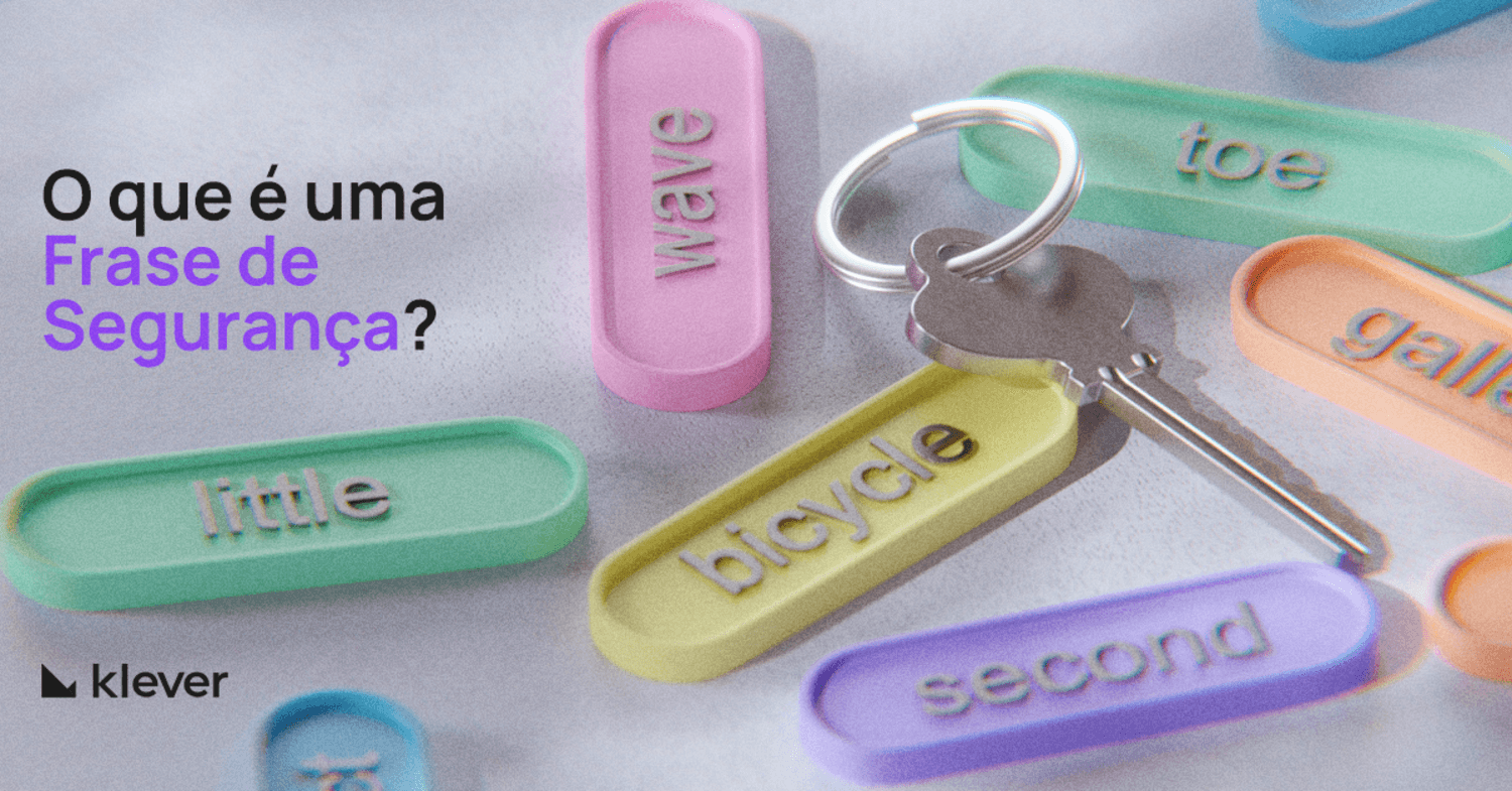 Visual da Klever mostrando tags coloridas com palavras-chave e uma frase-chave, ilustrando o conceito de frases de segurança de carteira de criptomoedas