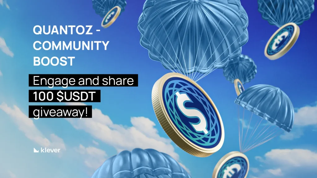 Visual of digital coins with dollar signs descending on parachutes in a blue sky, promoting the Quantoz Community Boost $100 USDT giveaway by Klever Wallet