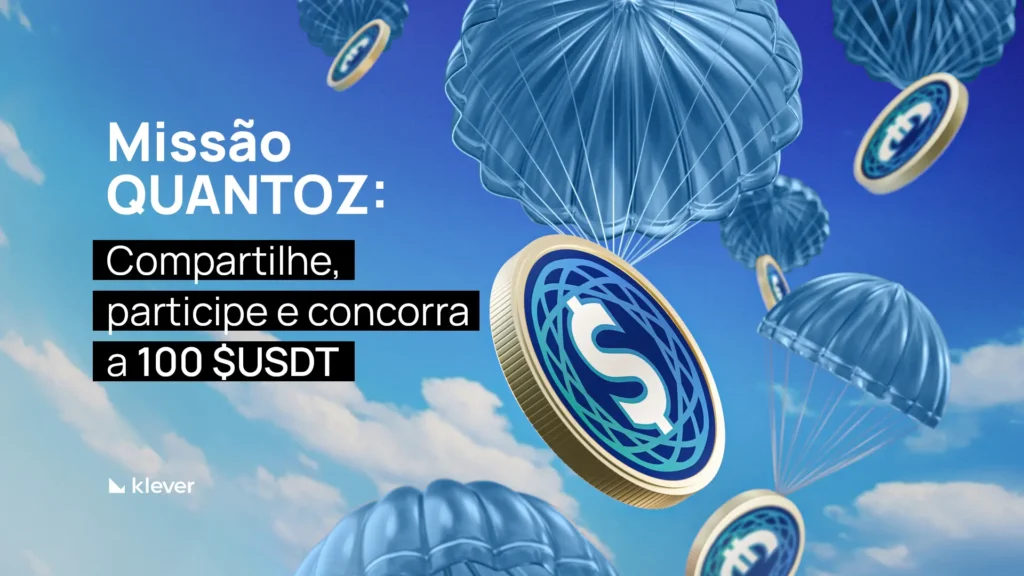 Imagem de moedas digitais com símbolo de dólar descendo de paraquedas em um céu azul, promovendo o sorteio de 100 USDT da campanha Quantoz Community Boost da Klever Wallet