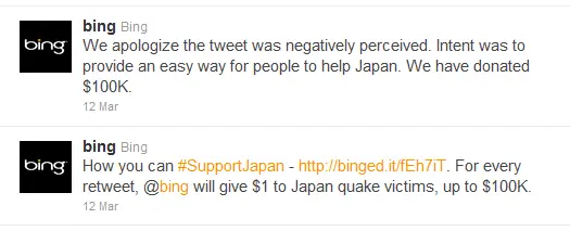 Two Bing tweets from March 12th about Japan earthquake donations. First tweet promises $1 per retweet up to $100K for quake victims. Second tweet apologizes for negative perception and confirms the $100K donation.
