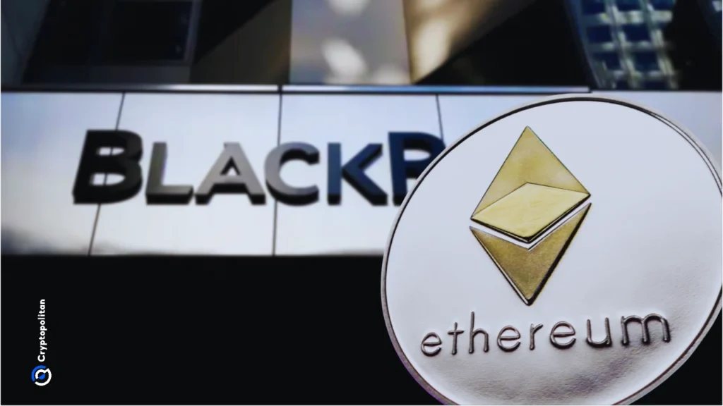 BlackRock logo in the background with Ethereum currency highlighted, symbolizing institutional investment in crypto assets