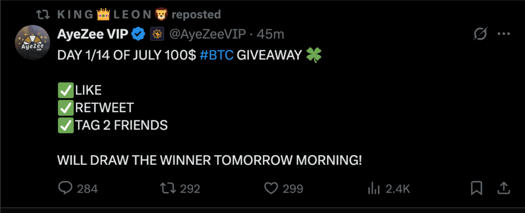 Screenshot of a Twitter post by AyeZee VIP promoting a fake $100 Bitcoin giveaway.