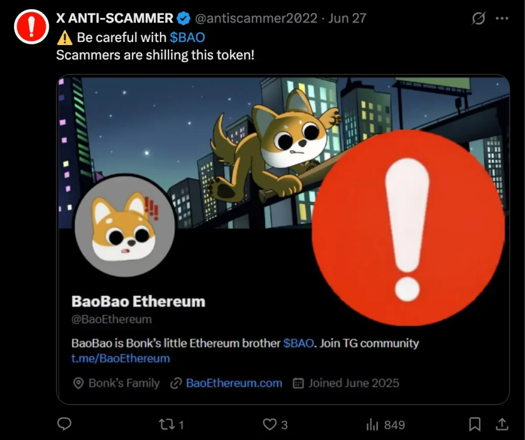 Warning tweet from verified account @antiscammer2022 highlighting that scammers are promoting $BAO token. Includes image of BaoBao Ethereum cartoon mascot with a large red exclamation mark symbol.