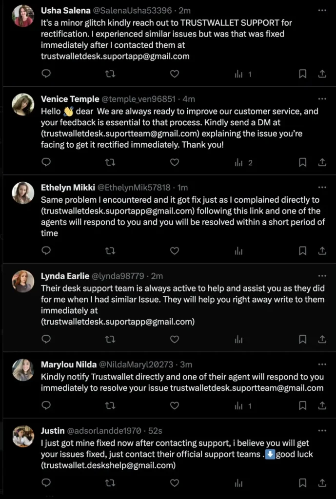 Multiple fake Twitter replies promoting fraudulent Trust Wallet support emails, all repeating similar messages to mislead users into phishing scams.