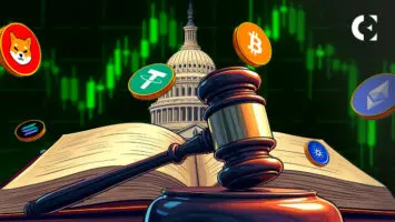 Law book, judge's gavel, and Capitol Building surrounded by cryptoasset icons, symbolizing crypto regulation in the US.