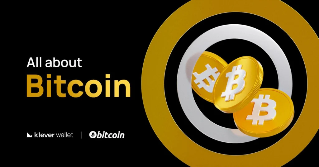 Three golden Bitcoin coins with a target in the background and the text 'All about Bitcoin' next to the Klever Wallet and Bitcoin logos