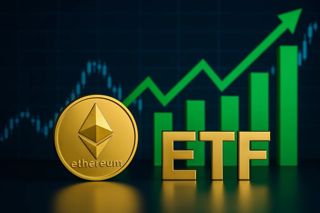 Ethereum coin next to the ETF acronym in gold, with a valuation graph in the background symbolizing the rise in crypto investments.