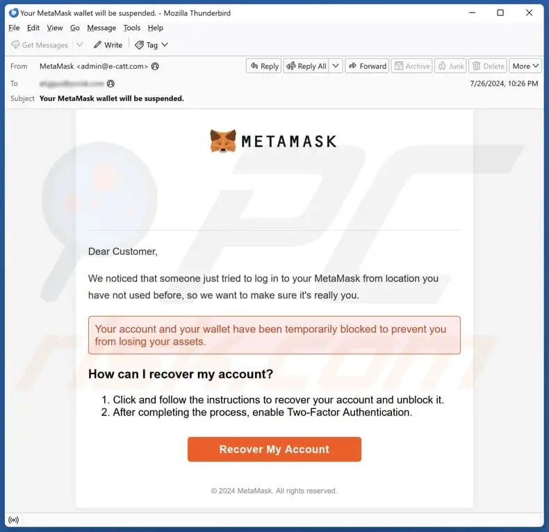 Phishing email impersonating MetaMask, falsely claiming a suspicious login attempt and asking the user to recover their wallet via a fake link. Contains branding and urgent call to action: “Recover My Account.”
