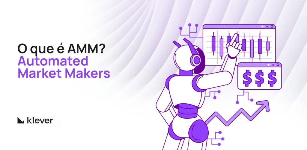Ilustração de um robô interagindo com gráficos de negociação, representando o conceito de Criadores de Mercado Automatizados (AMM)