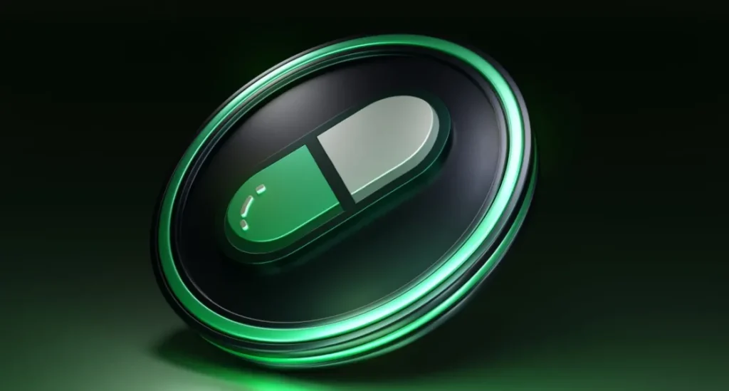 Digital token with a 3D metallic green capsule icon, representing the Memecoin crypto project $PILL