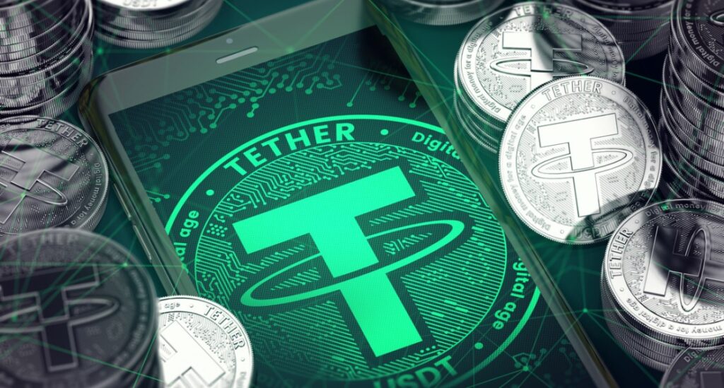 Tether (USDT) stablecoin logo on smartphone screen, surrounded by digital coins with green T symbol and electronic circuit