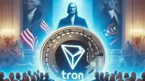 Moeda Tron iluminada em assembleia com figuras históricas dos EUA, simbolizando impacto político da blockchain TRX.