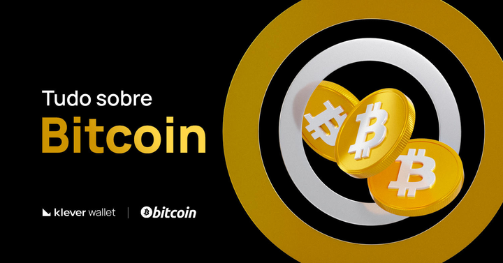 Três moedas douradas de Bitcoin sobre alvo estilizado, com texto 'Tudo sobre Bitcoin' e logos da Klever Wallet e Bitcoin