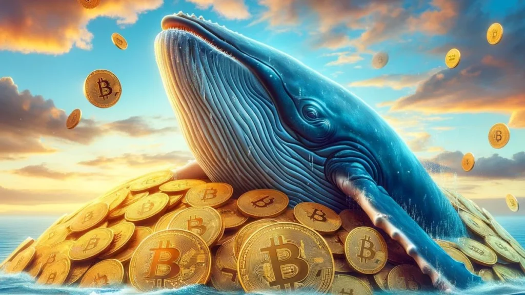 Illustration of a blue whale surrounded by Bitcoin coins, representing large investors in the crypto market.