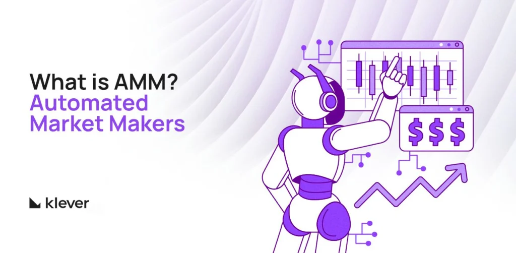 Illustration of a robot interacting with trading charts, representing the concept of Automated Market Makers (AMM)