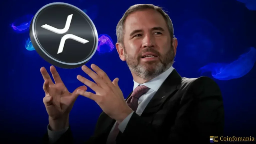 Ripple CEO gesturing next to the XRP cryptocurrency logo, with a dark blue background and Coinfomania branding