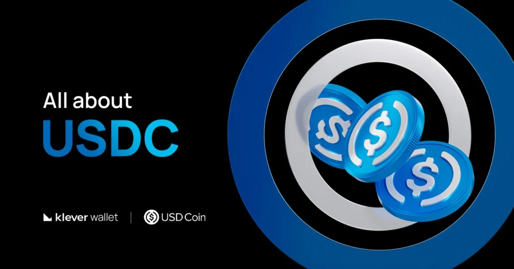Banner with USDC digital currency and text All About USDC, highlighting Klever Wallet and stablecoin USD Coin