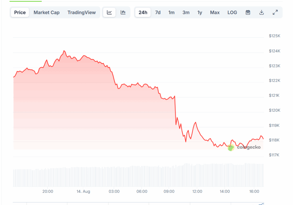 CoinGecko chart shows Bitcoin price reaching $124,128 on August 13, 2025, with trading volume of $65.5 billion