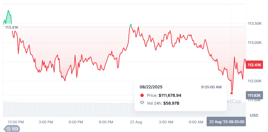 Bitcoin price chart for August 22, 2025, showing a drop from $113.41K to $111.62K, with a daily volume of $58.97B