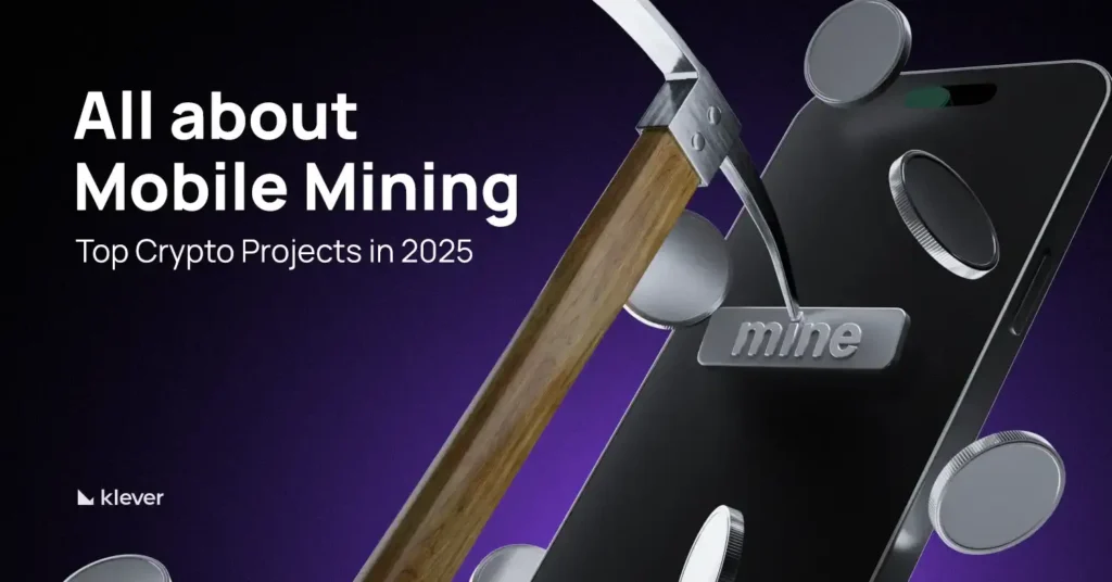 Illustration of a smartphone being mined with a digital pickaxe, with coins pouring out of the screen and the word "mine" highlighted. Promotional text reads "All about Mobile Mining"