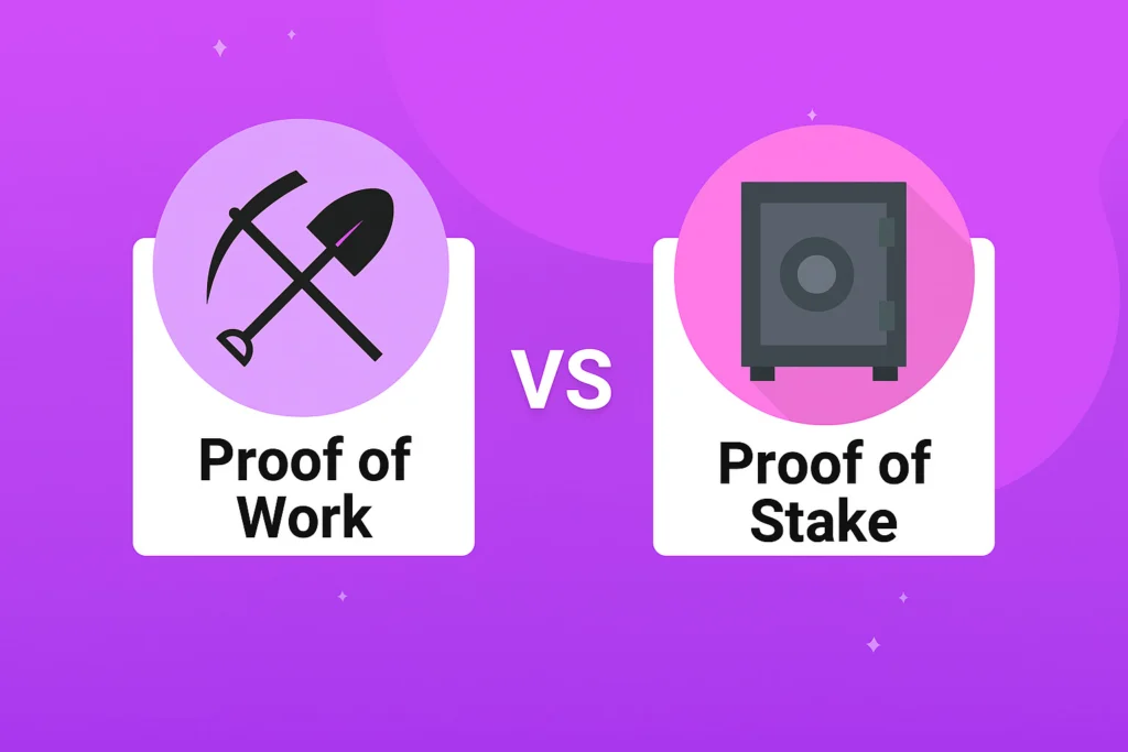 Proof of Work vs Proof of Stake comparison with mining and vault icons, explaining crypto consensus models.