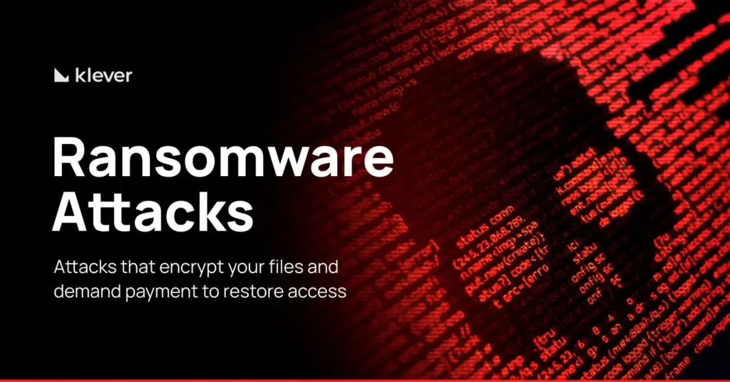 Ransomware attacks banner with red code and text explaining file hijacking and ransom demand