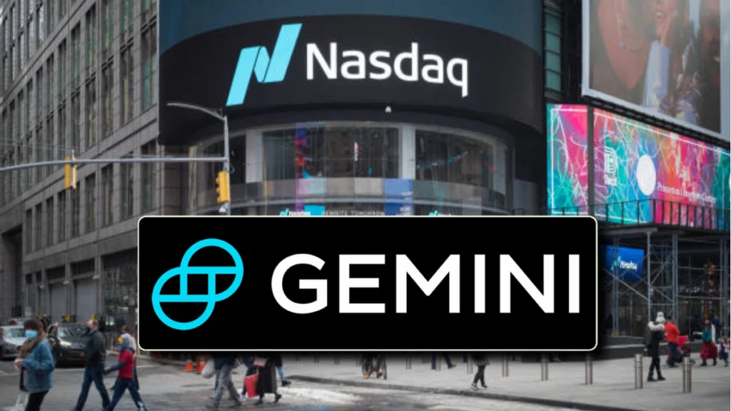 Image of Nasdaq in New York featuring the Gemini exchange logo, illustrating the cryptocurrency exchange's IPO