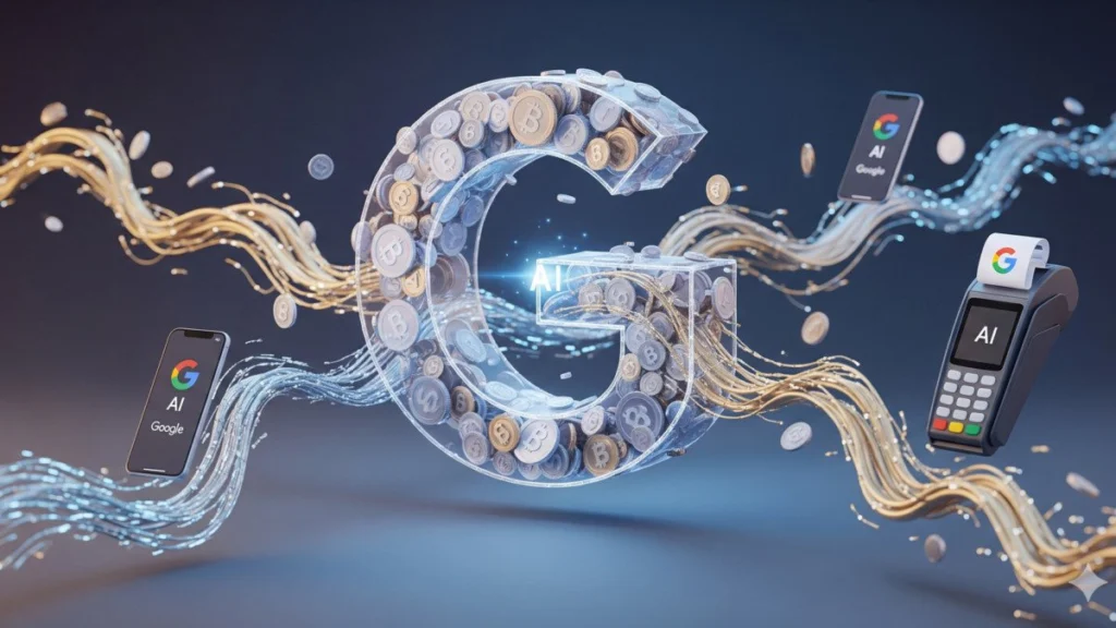 Google featured with G made of digital currencies and flows, symbolizing AI and crypto payments via cell phones and card machines
