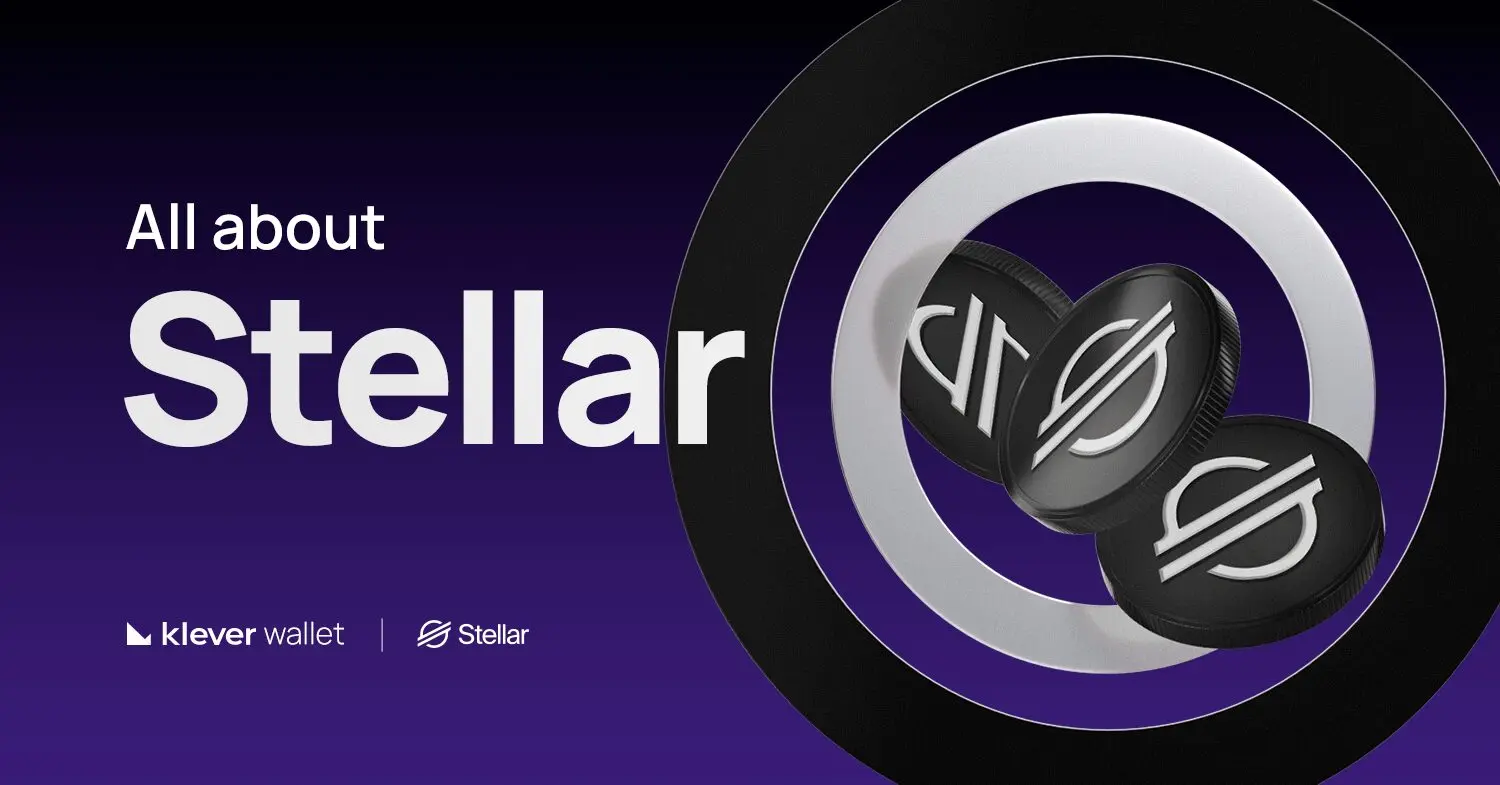 Banner with Stellar coins and text All About Stellar, highlighting integration with Klever Wallet on a purple background.