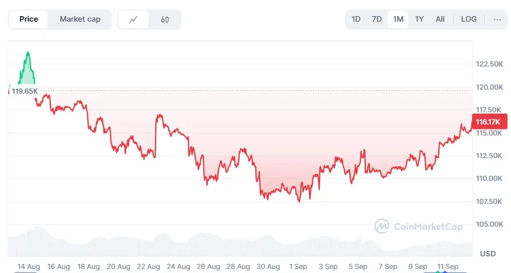 Gráfico do preço do Bitcoin entre 14 de agosto e 11 de setembro de 2025, caindo de US$119,65K para US$116,17K com forte volatilidade