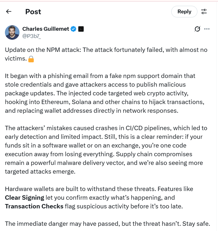 Charles Guillemet's X post on the NPM supply chain attack in 2025, explaining phishing, limited impact, and security alert