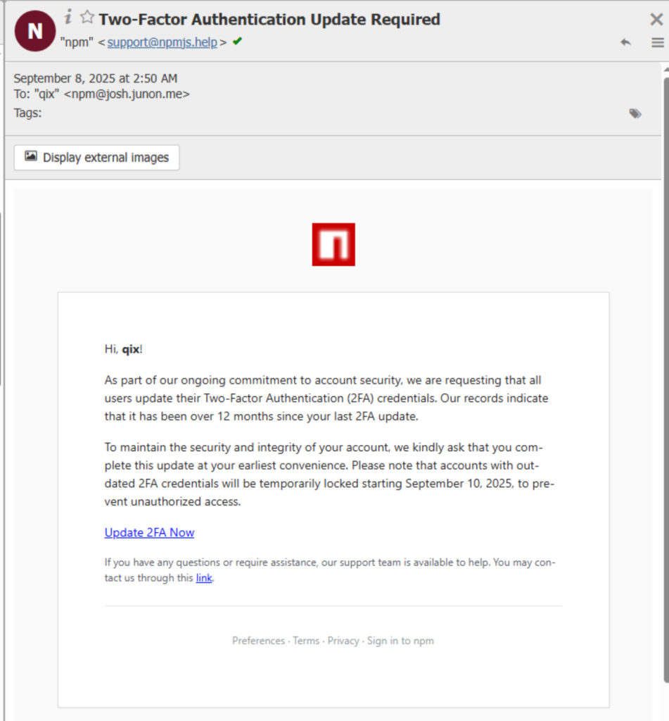 Phony NPM phishing email asking for two-factor authentication update used in supply chain attack in 2025