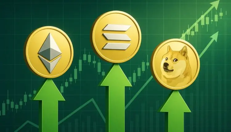 Illustration of Ethereum, Solana, and Dogecoin rising with green arrows and a background chart indicating the appreciation of cryptocurrencies.