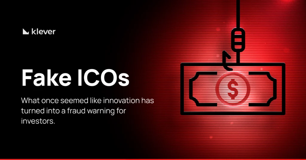Fake ICO banner shows dollar bill on a hook, warning investors about the risks of fraud in initial public offerings