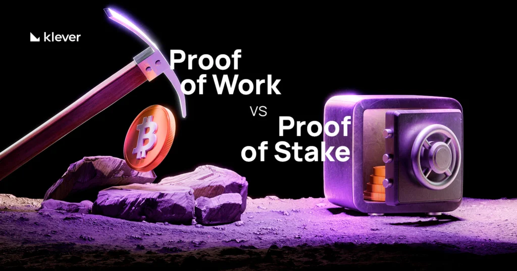 Proof of Work vs Proof of Stake comparison with mining and vault icons, explaining crypto consensus models.