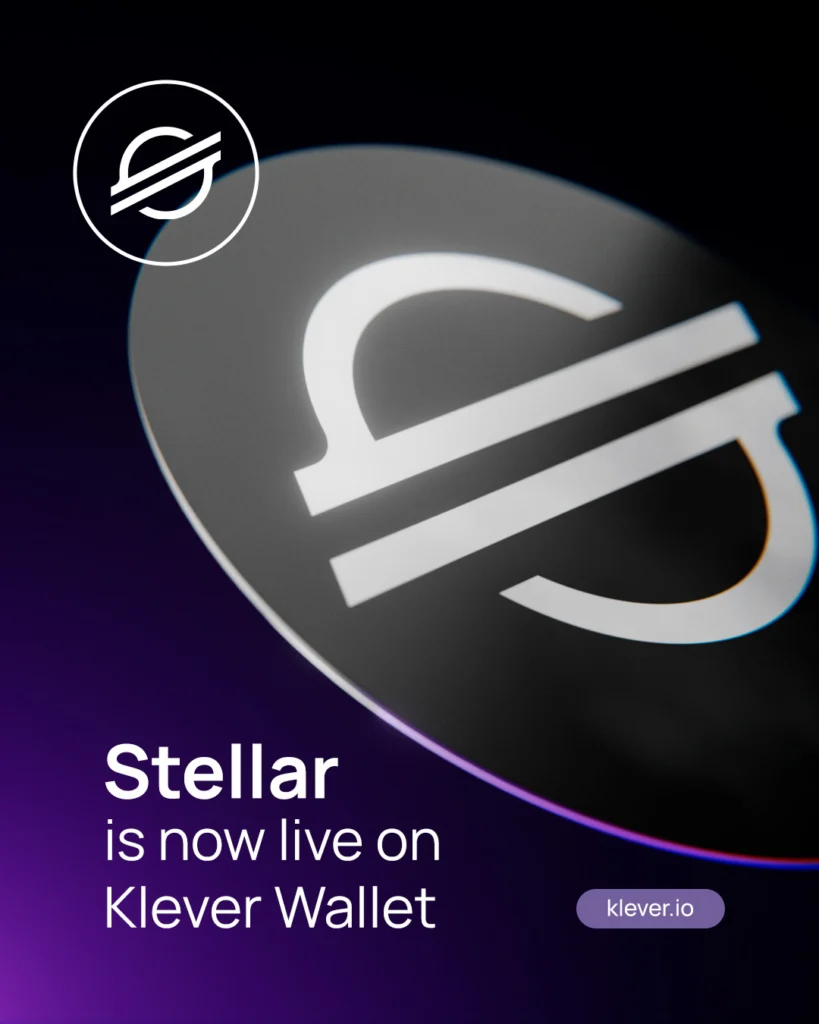 Banner announcing Stellar (XLM) integration into Klever Wallet, with prominent logo and futuristic purple background