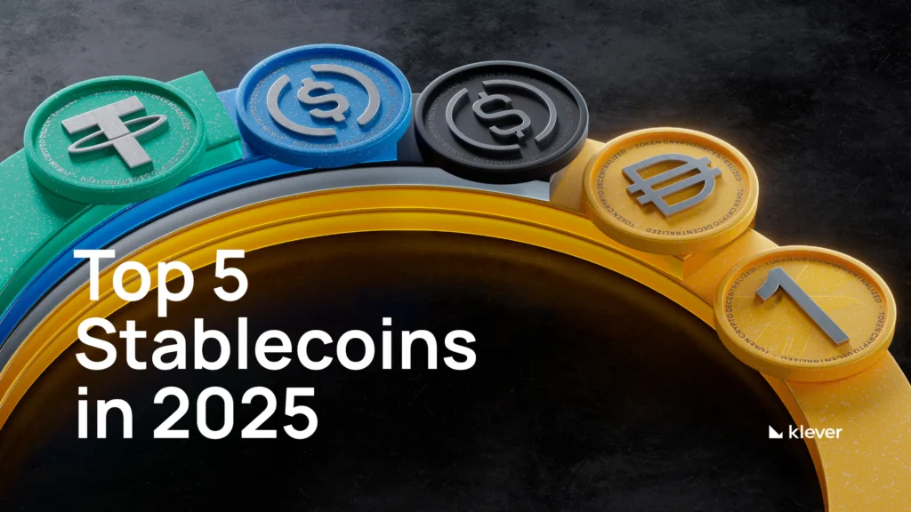 Banner highlighting the top 5 stablecoins in 2025 — USDT, USDC, USDe, DAI, and USD1 — with colorful design and coin logos