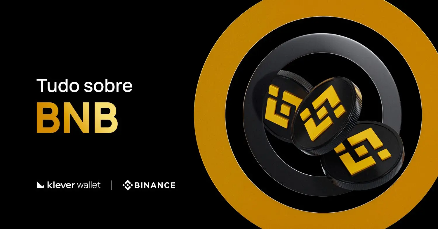 Banner com moedas BNB e texto Tudo sobre BNB, destacando Klever Wallet e Binance em design preto e dourado