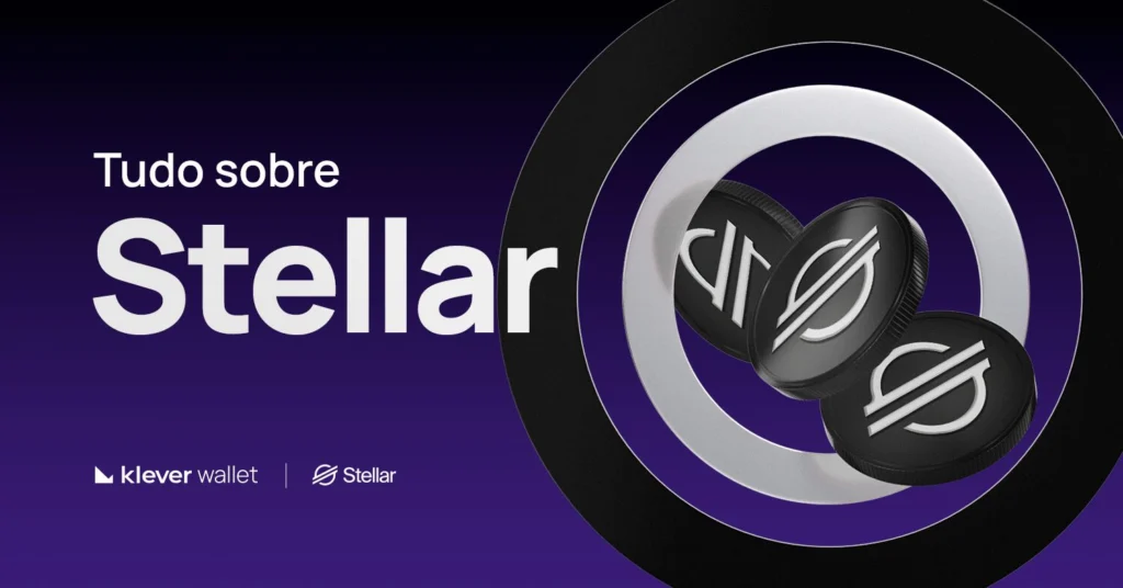 Banner com moedas Stellar (XLM) e texto All About Stellar, destacando integração com Klever Wallet em fundo roxo
