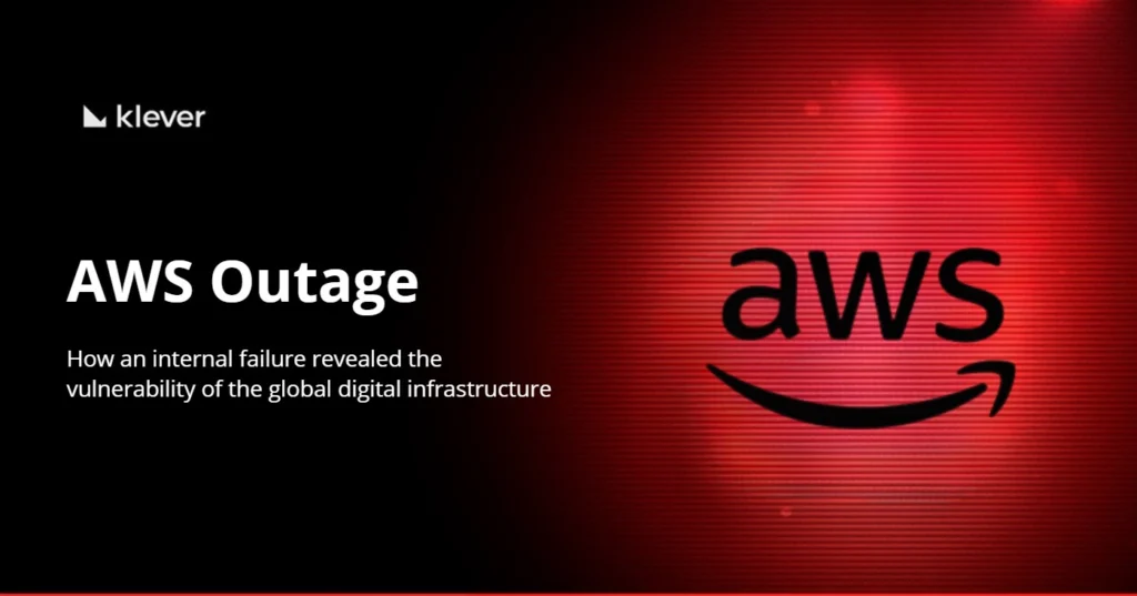 Illustrative image of the AWS outage, highlighting the vulnerability of global digital infrastructure on a red background with the Amazon Web Services logo