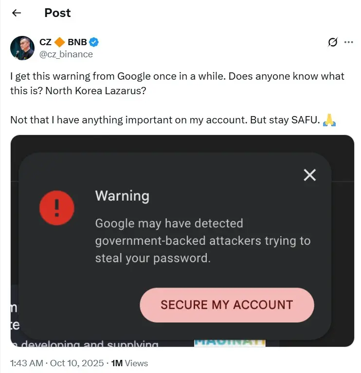 Post no X mostra alerta do Google sobre possível ataque hacker apoiado por governo, compartilhado por CZ, CEO da Binance