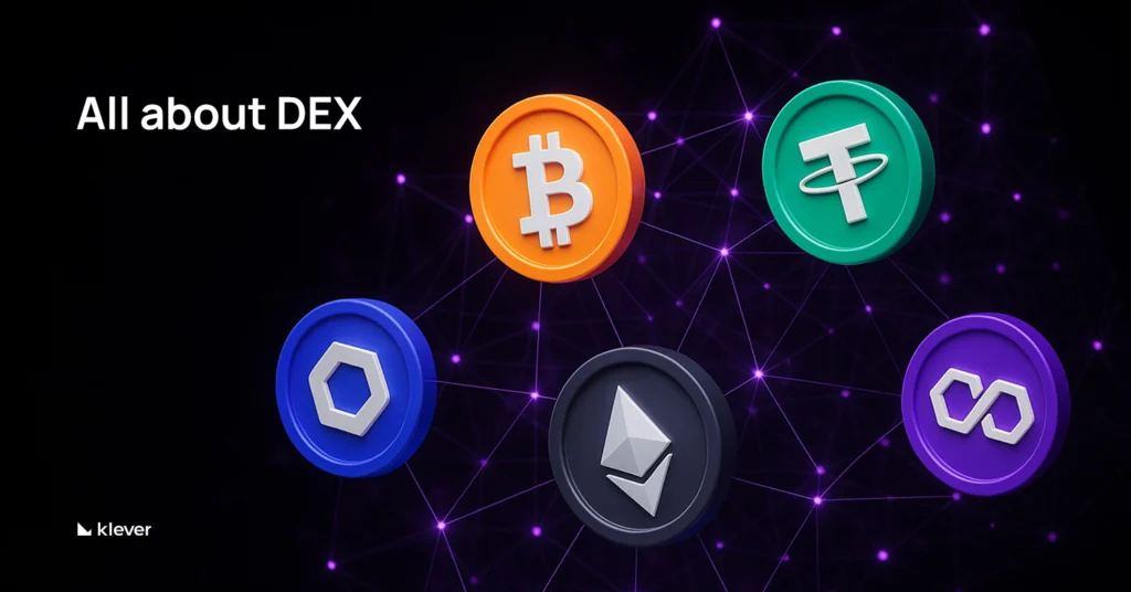 Icons of cryptocurrencies such as Bitcoin, Ethereum, Tether, Chainlink, and Polygon connected by a digital network, illustrating the concept of DEX