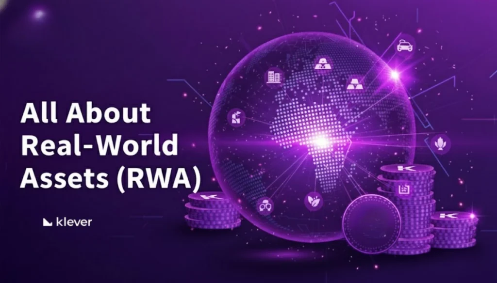 Educational image about Real-World Assets (RWA), showing a digital globe connected to icons of real assets and tokenized currencies
