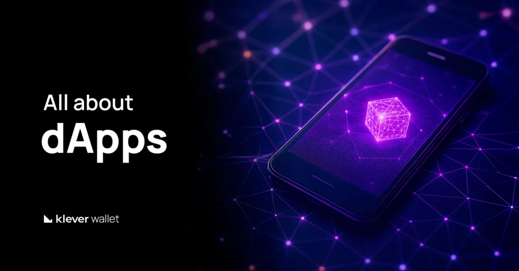 Image illustrating the concept of dApps, with a smartphone displaying a digital cube connected to a purple blockchain network