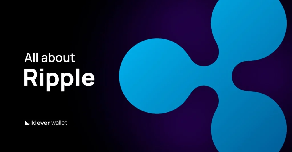 Illustrative image about Ripple, with the characteristic blue logo highlighted and the text ‘All about Ripple’ from Klever Wallet
