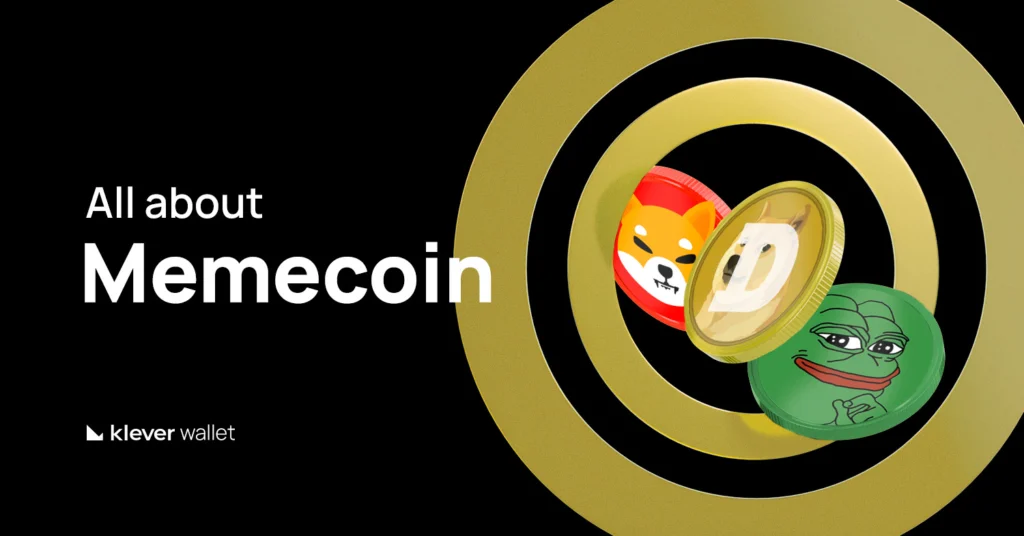 Design featuring Dogecoin, Shiba Inu, and Pepe coins symbolizing popular memecoins in 2025, highlighting the theme 'All about Memecoin'